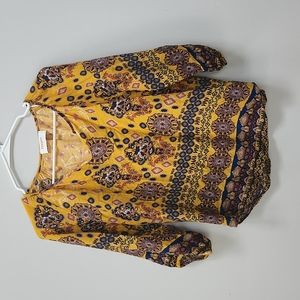 Renee C. Blouse with 3/4 Sleeves Yellow Floral Bohemian Patterns Women's Small